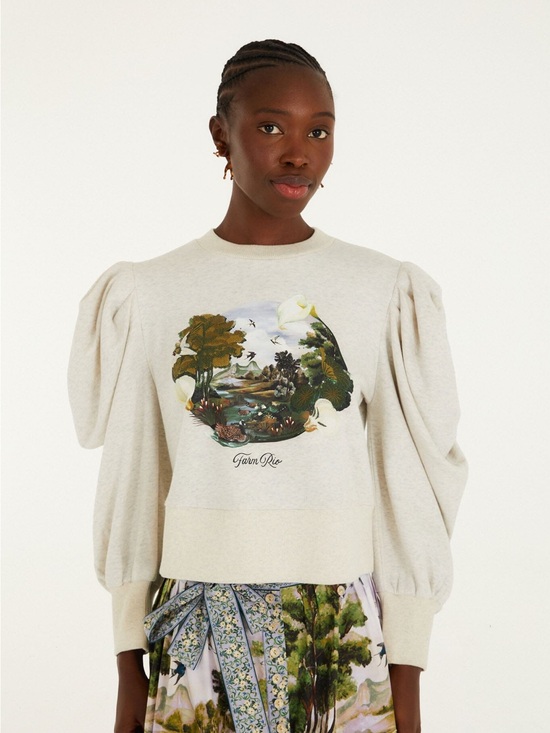 FARM Rio Tops - FARM RIO Grey Countryside Landscape Puff Sleeve Sweater